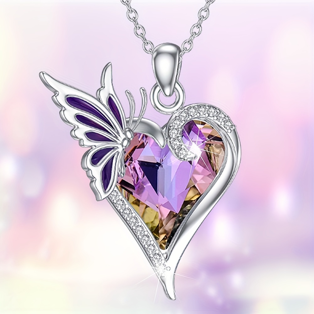 exquisite heart purple crystal butterfly pendant necklace elegant women fashion accessories jewelry gift for lovers and friends 6