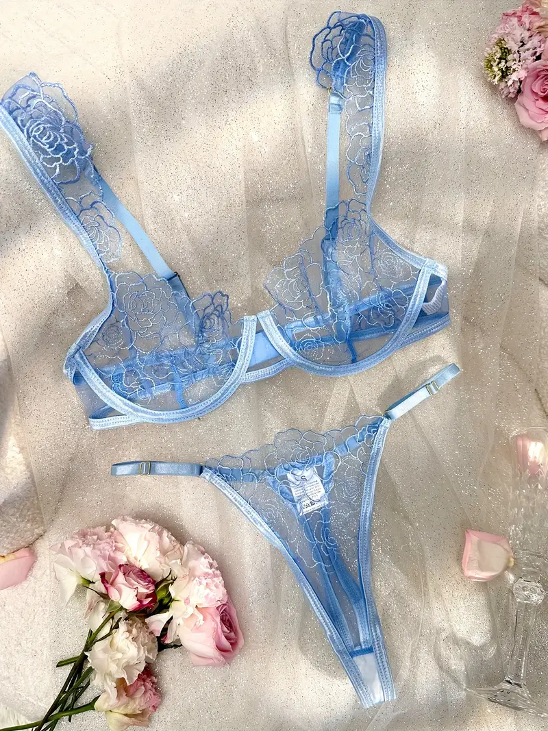 Solid Floral Embroidery Lingerie Set Lace Trim See Bra - Temu Canada