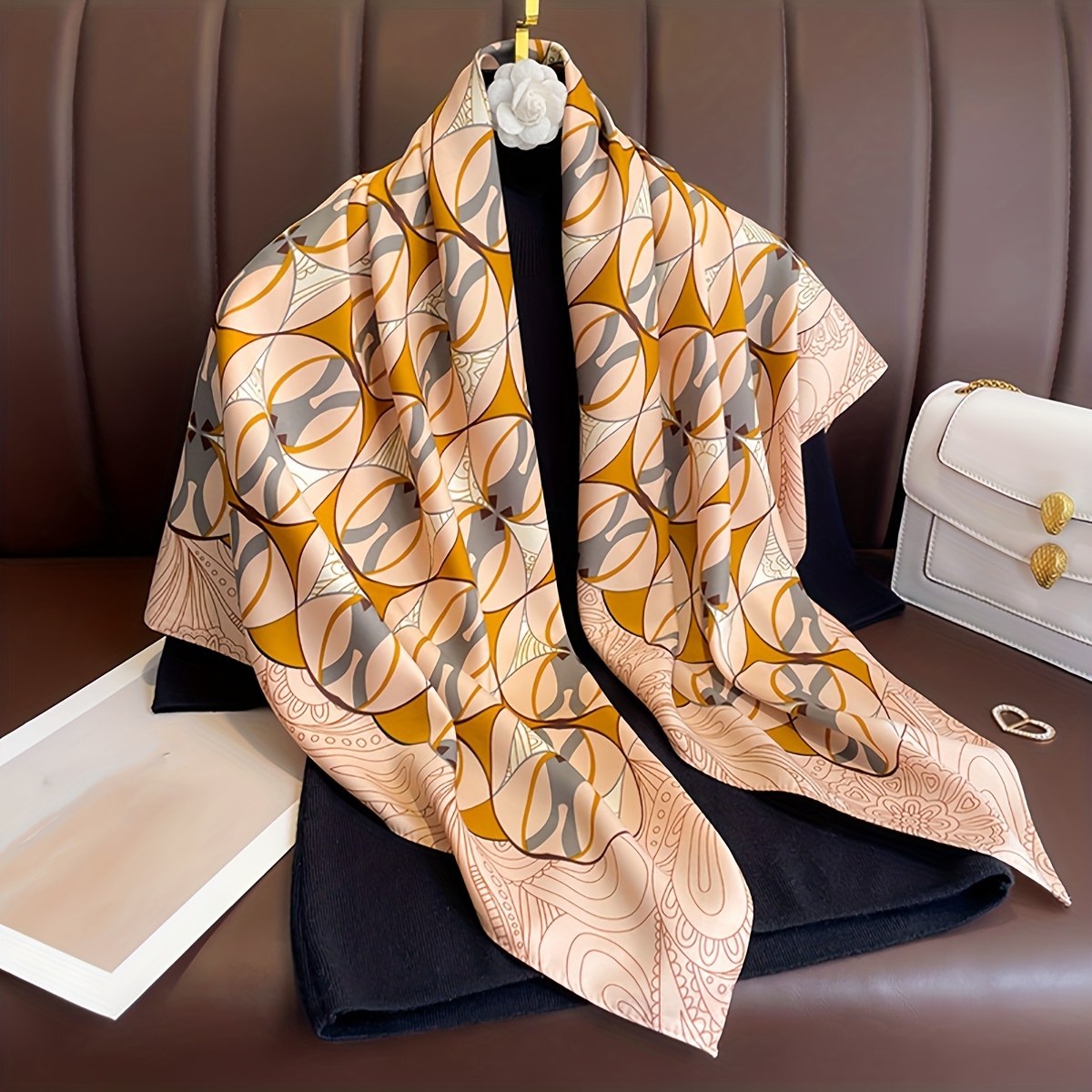 Geometric Circles Print Bandana Twill Imitation Silk Square Scarf Elegant  Shawl Windproof Headwrap Travel Beach Towel, 90 Days Buyer Protection