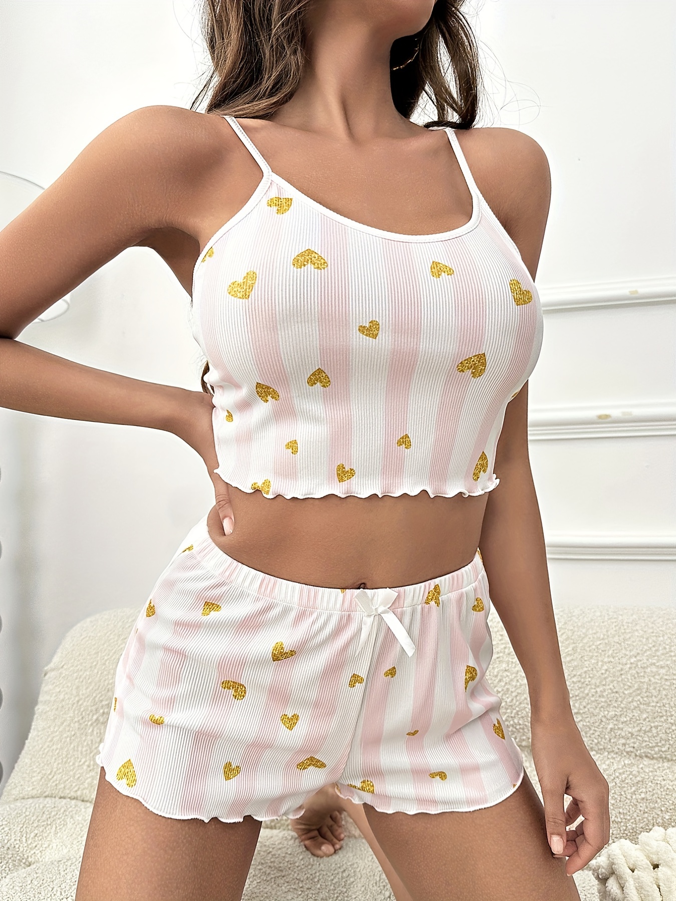 Heart Print Pajama Set Cute Cami Crop Top Lettuce Trim - Temu Canada
