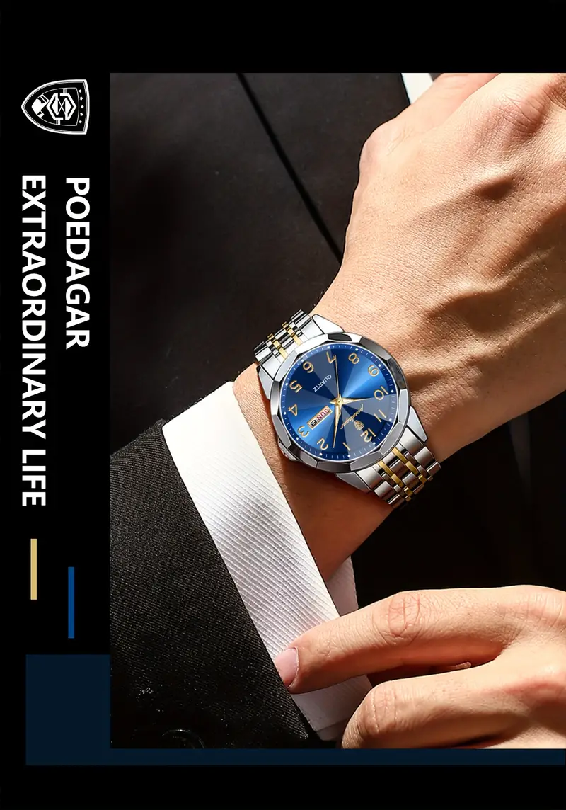 poedagar mens trendy quartz watch stainless steel waterproof luminous calendar wrist watch details 3