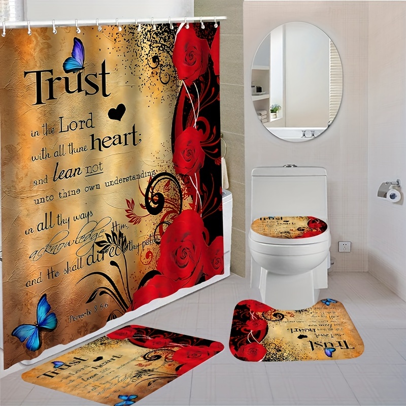 4Pcs Red Flower Shower Curtain and Rug Sets Bathroom Decor, Waterproof  Shower Curtain with Hooks and 3Pcs Toilet Cover Mat Set 