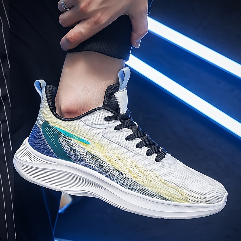 Men's Plus Size Breathable Lightweight Running Shoes - All-Season Casual Sneakers with Geometric/Yellow Stripe Design, Fabric Upper & MD Sole for Outdoor Activities, Modern Athletic Footwear, Comfortable EVA Insole, Geometric Design, Durable Construction, Fitness Enthusiasts