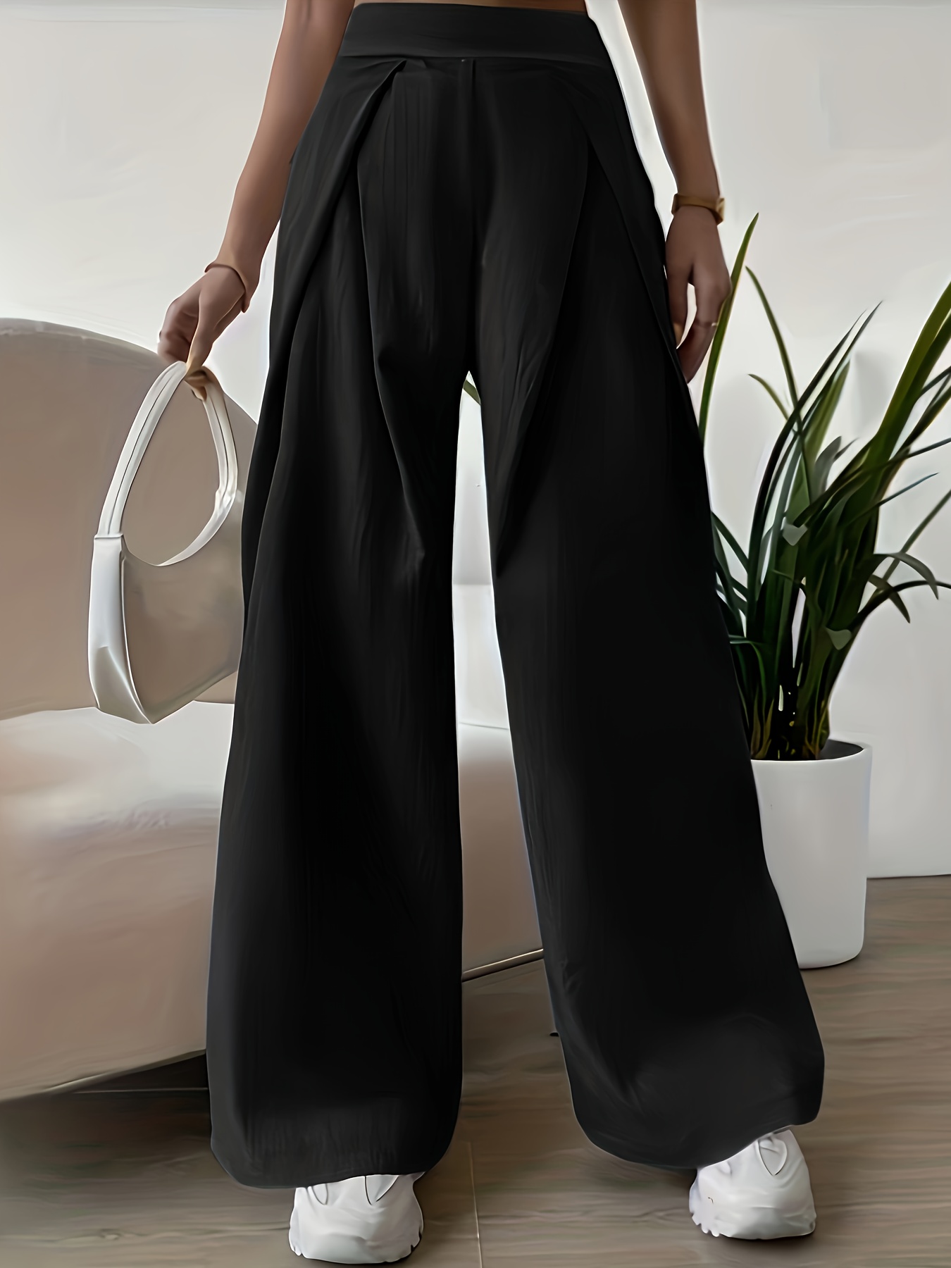 Pantalones Cintura Alta Sólidos Elegantes Pantalones Anchos - Temu