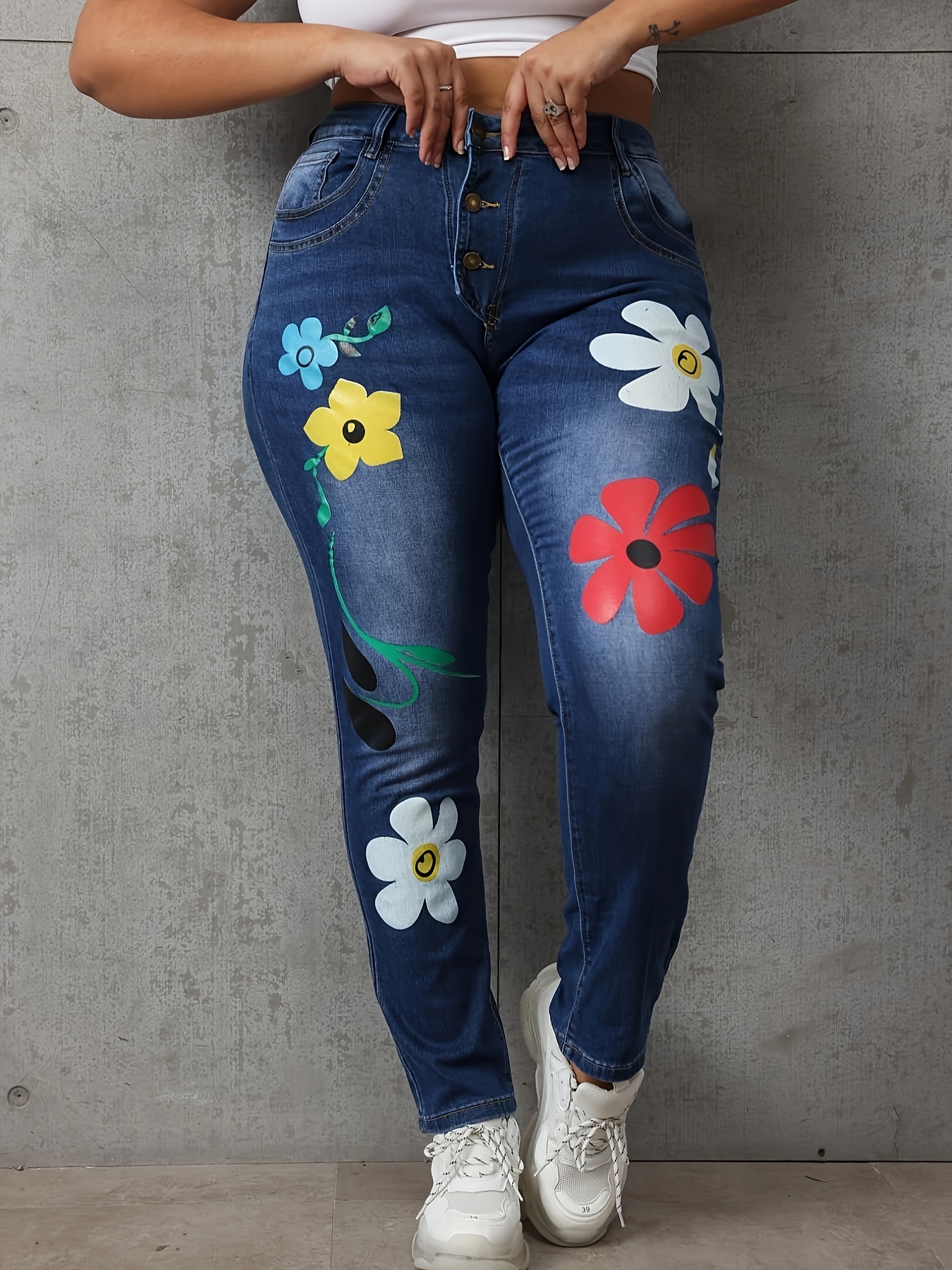 Plus Size Casual Jeans Women's Plus Floral Sun Print Button - Temu