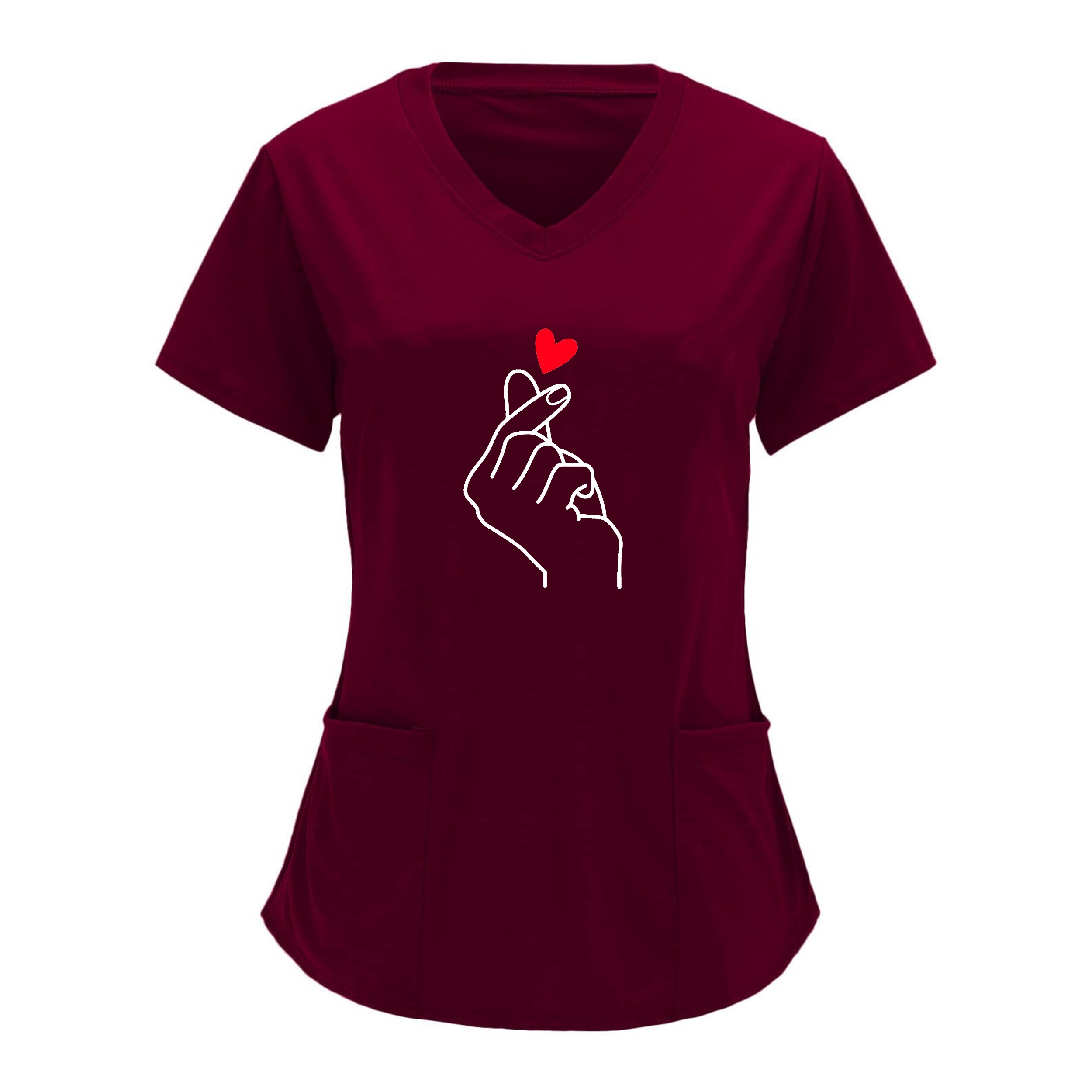 Image of European And -inspired "heart" Print Short Sleeve Midi Women's T-shirt With V-neck And Pocket, Casual Women's Top