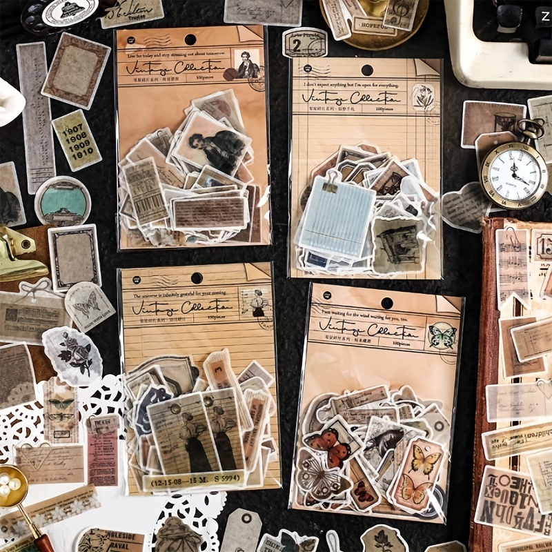 200PCS Autocollant Scrapbooking Vintage Papier Autocollant Stickers  Fournitures de Scrapbooking DIY Décoratif pour carnet Journal -A