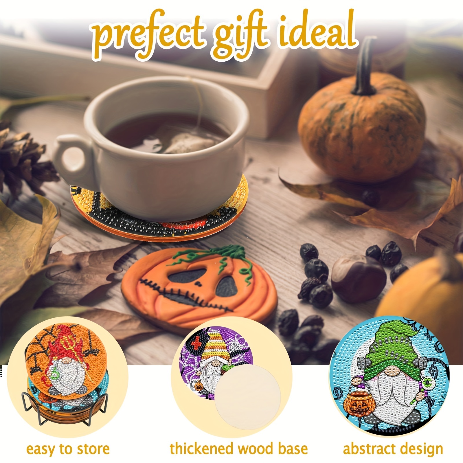 Halloween Diamond Painting Coasters Kits Diy Gnome Pumpkin - Temu