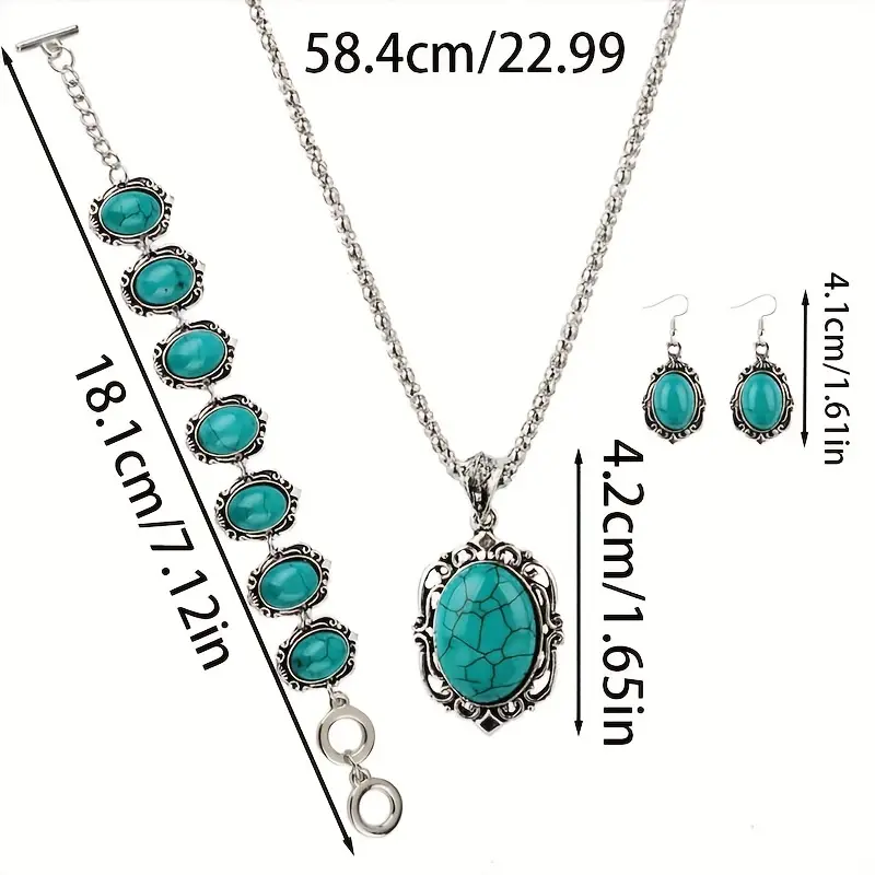 3pcs womens vintage turquoise bracelet necklace earrings set healing stone vintage alloy silvery color decoration gift details 2