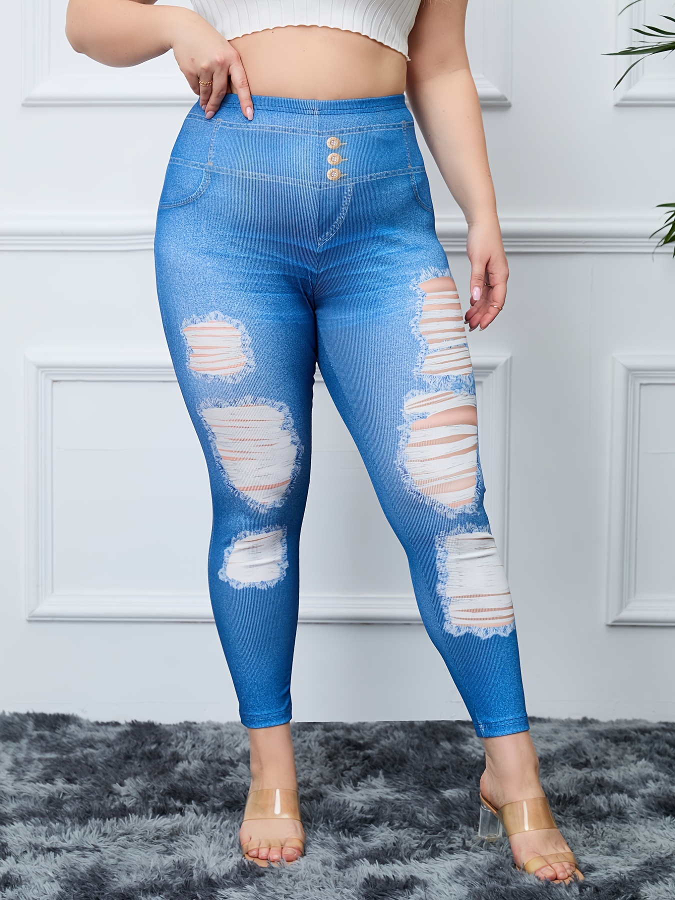 Plus Size Casual Pants Women's Plus Denim Print High - Temu Canada