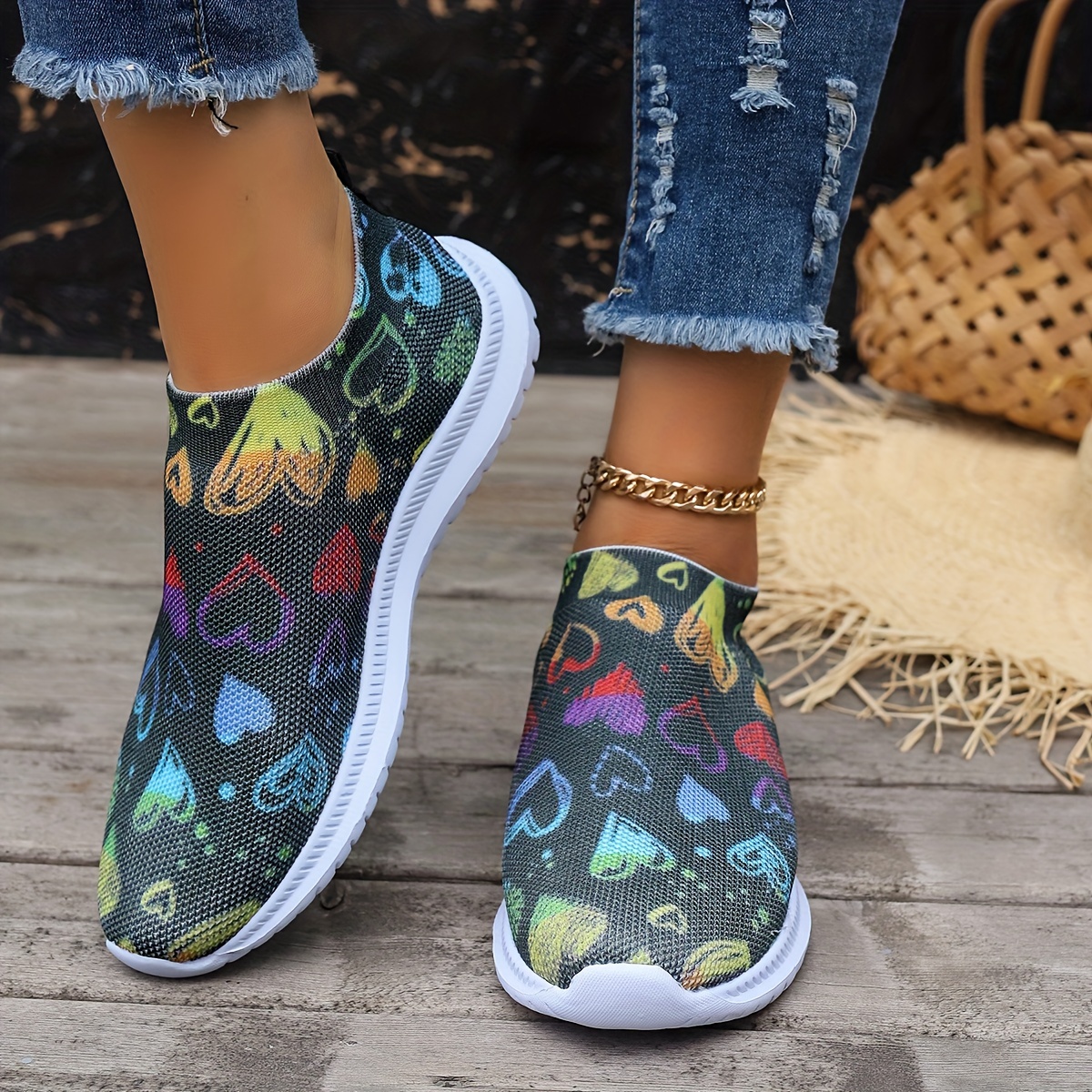 Women's Cartoon Print Knitted Sneakers, Slip On Shock Absorption Flat  Sporty Shoes, Lightweight Low-top Casual Shoes - Temu Bahrain