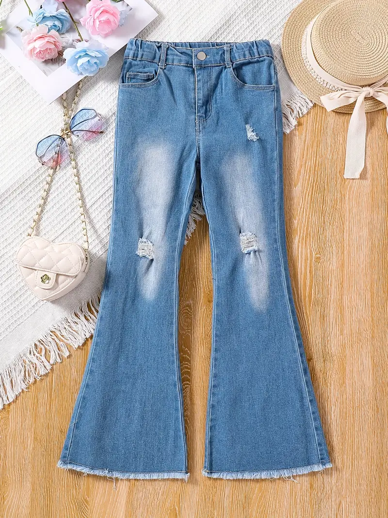 Kids Girls Trendy Bell-Bottom Ripped Jeans For Spring Autumn