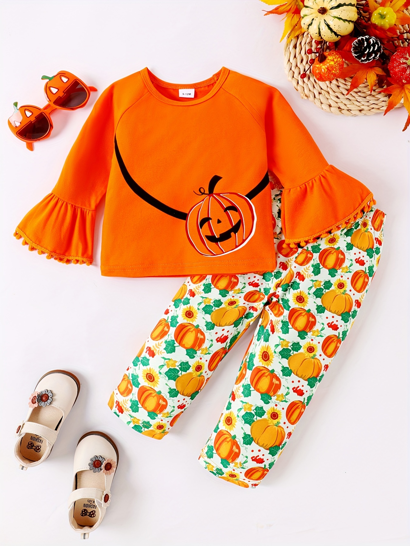 Halloween Girl Print Pullover + Pumpkin Graphic Flare Pants - Temu