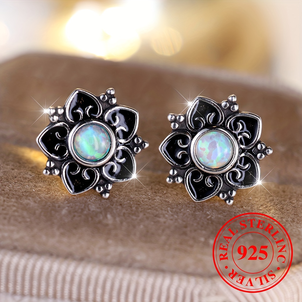 

925 Sterling Silver Hypoallergenic Flower Shaped Stud Earrings With Opal Inlaid Vintage Bohemian Style Personality Female Earrings