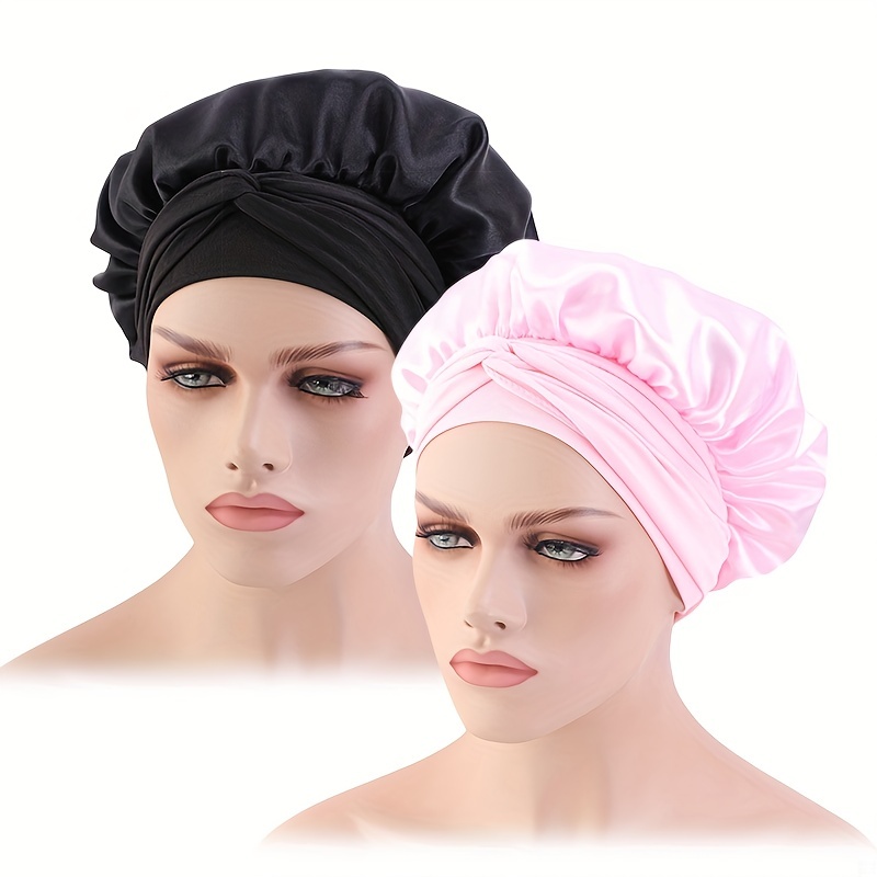 2pcs Silk Bonnet For Sleeping, Hair Bonnet For Curly Hair, Satin Bonnets  For Sleeping, Soft Elastic Band Satin Sleep Cap (black+pink)