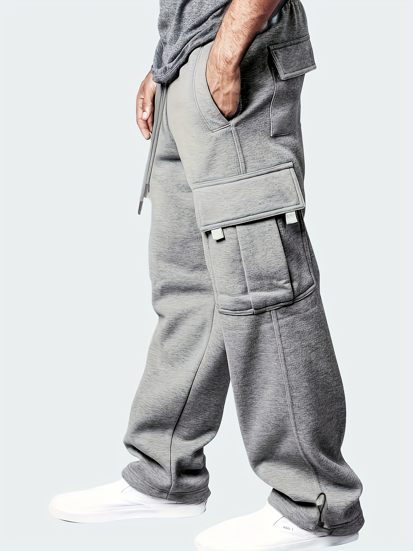 Plus Size Men's Solid Cargo Pants Pockets Fall Winter Men's - Temu Canada