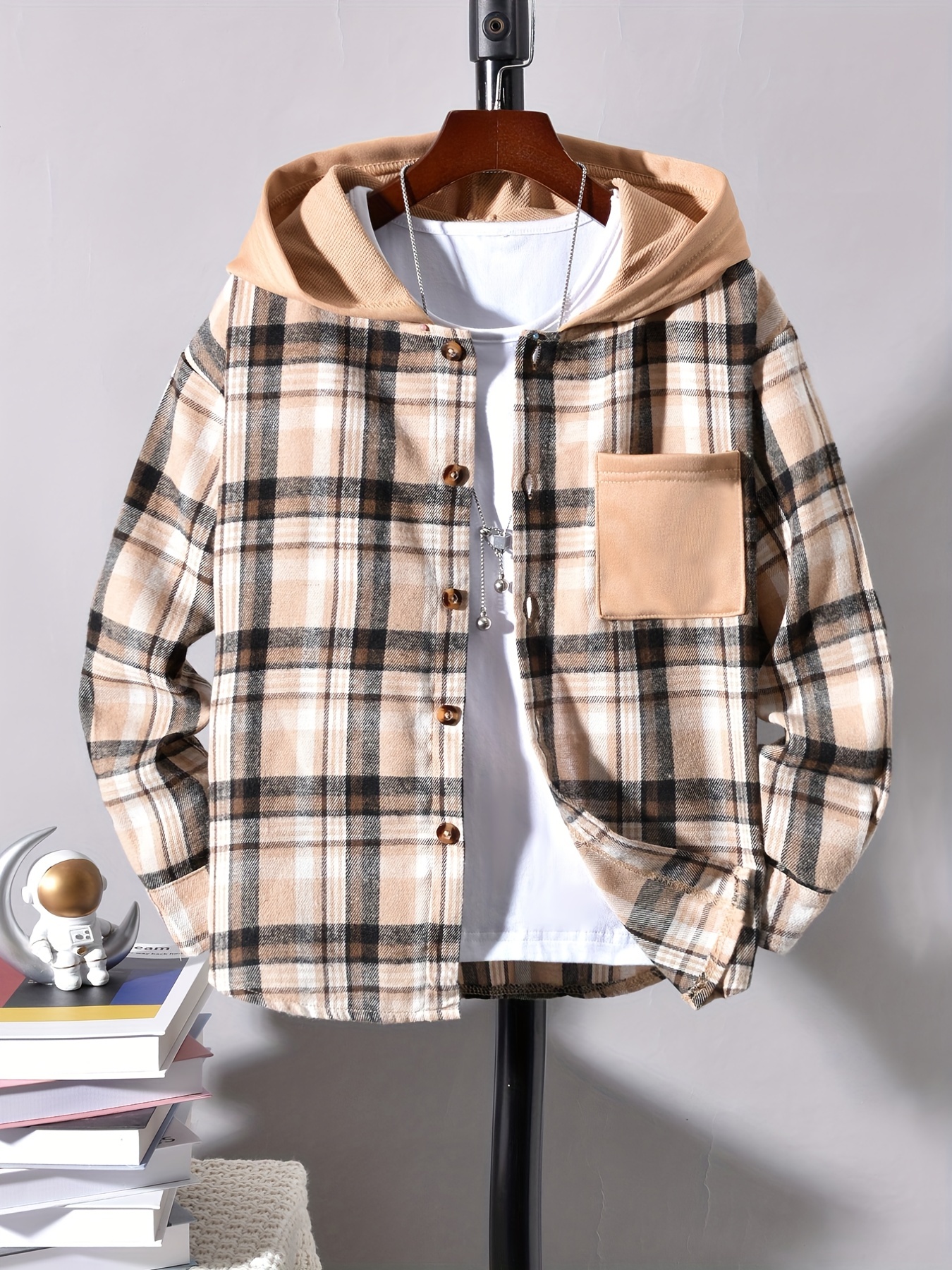 Men's Plaid Pattern Drawstring Hooded Long Sleeve Shirts - Temu Canada