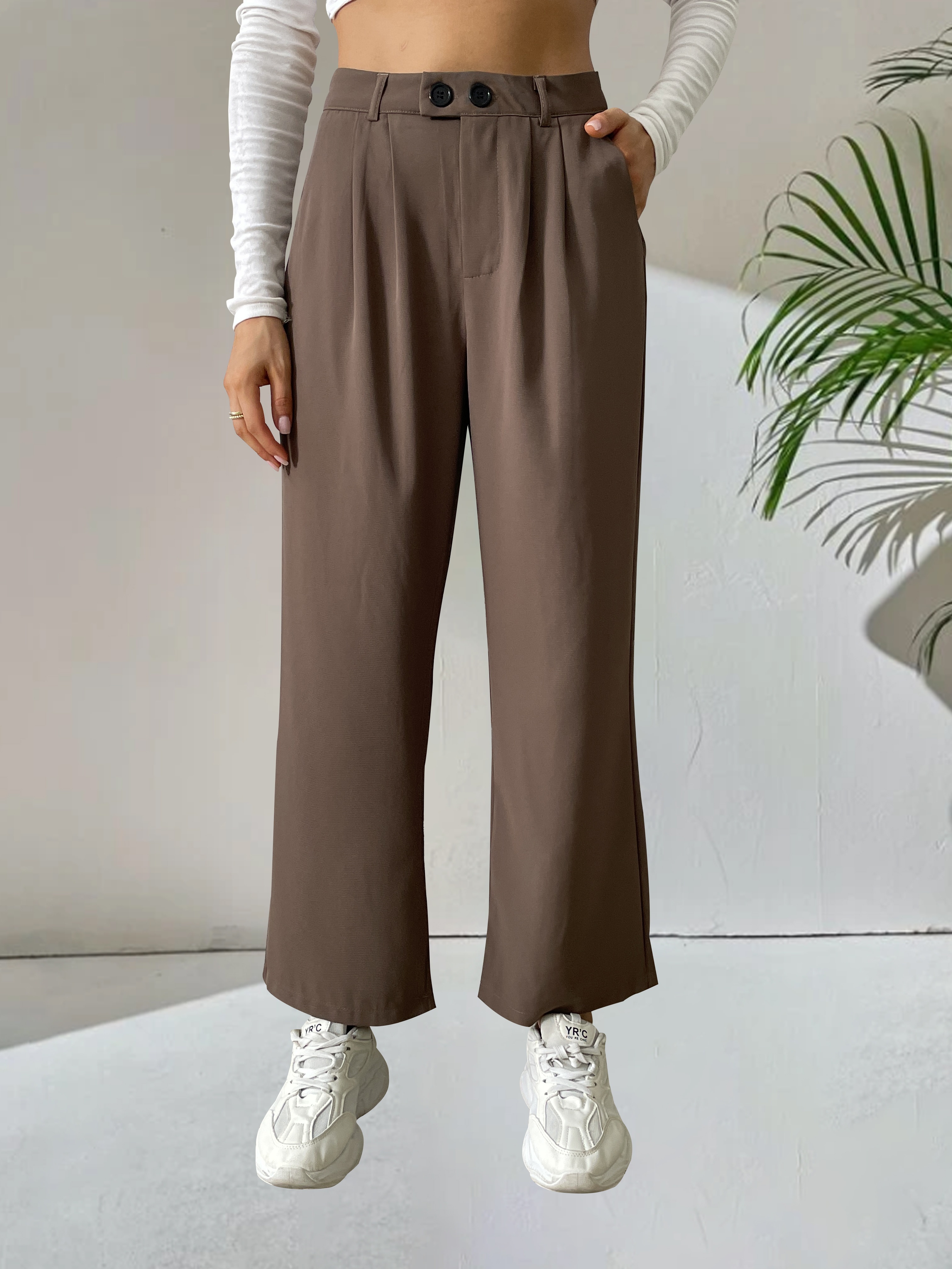 Women's Pants Pockets High Cross Waist Wide Leg Solid Color - Temu