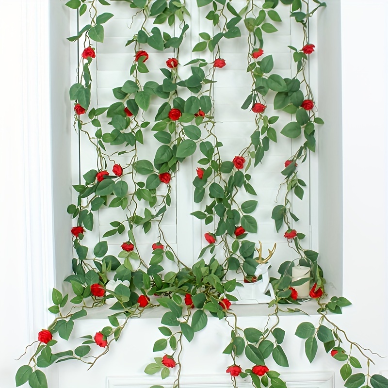 1/14pcs Artificial Rose Flower Hanging Vine, Green Artificial Plant Rattan  Vine Leaves, Artificial Vines With Camellia Rose Leaf, DIY Wreath Accessori