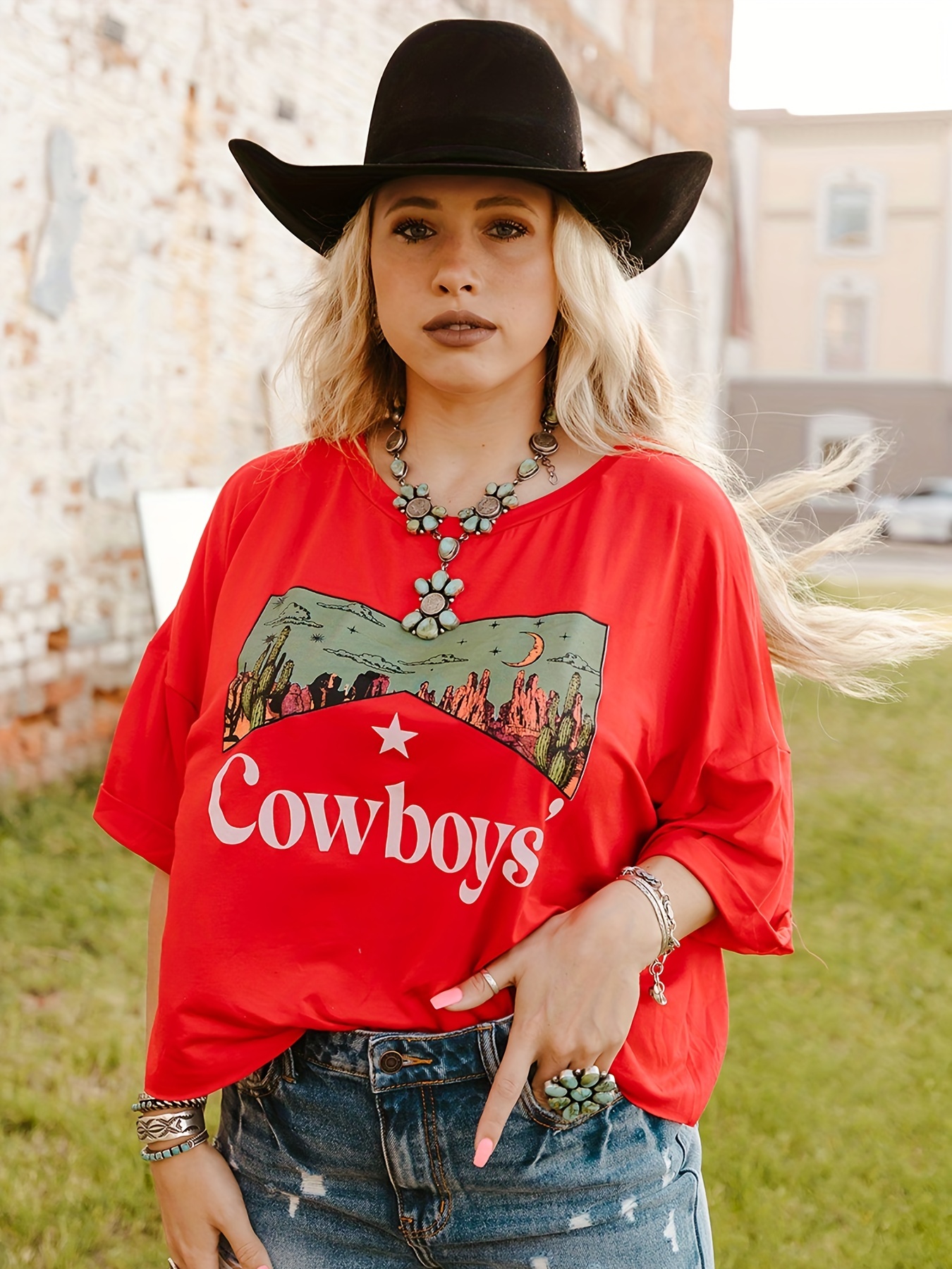 Cowboys Graphic Print Crew Neck T Shirt Casual Loose Short Sleeve