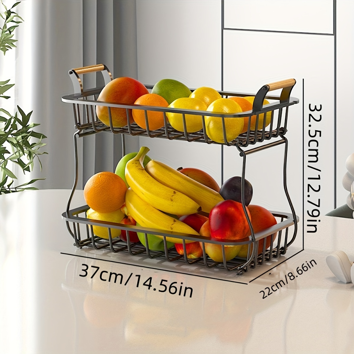 2-Tier Fruit Bowl with Banana Hanger，Detachable Fruit Basket for