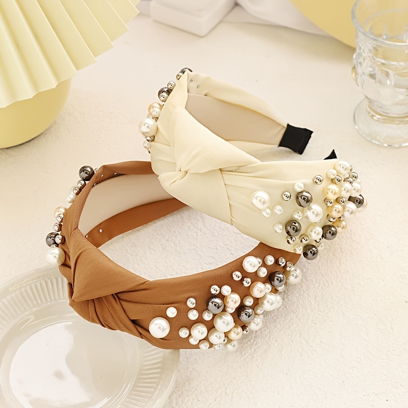 Solid Fabric Knotted Headband with Faux Pearl Hair Bow