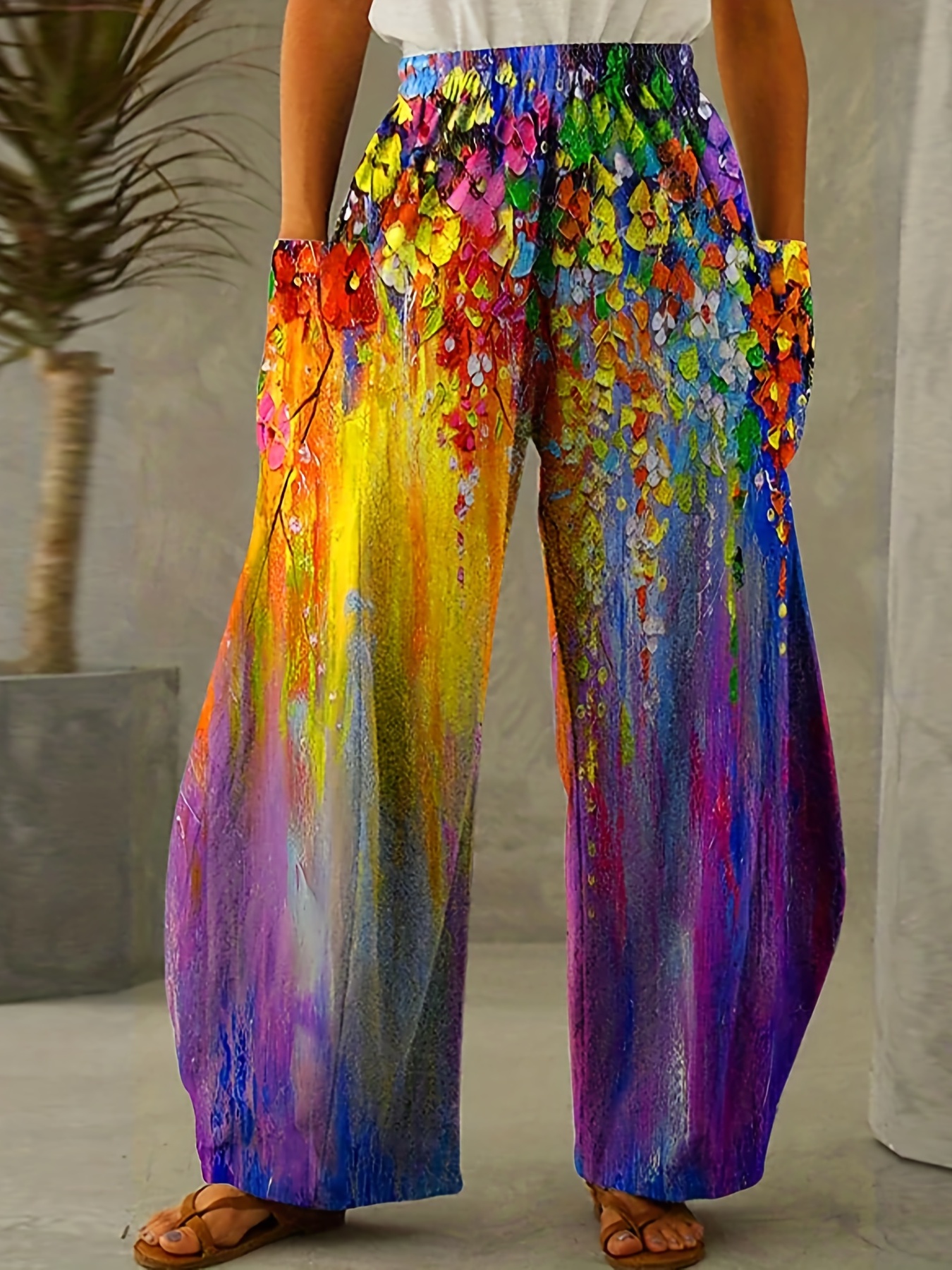 Women's Graphic Print Wide Leg Pants - Cosmic Serenity Shop