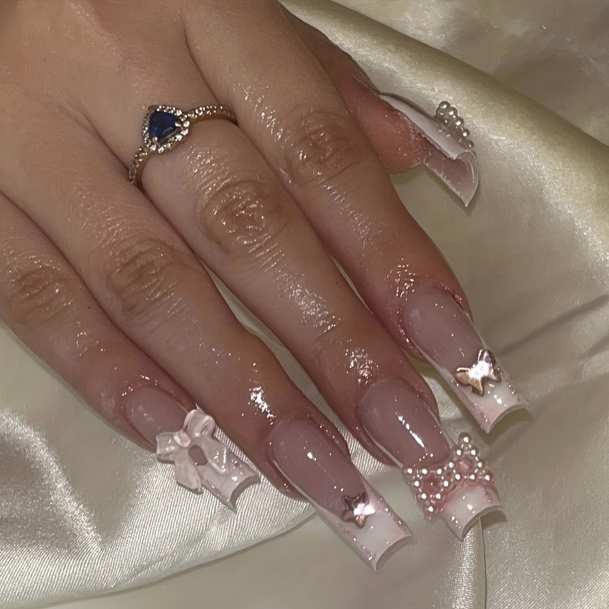 Glossy Ballerina French Acrylic Nails With 3d Rhinestones - Temu