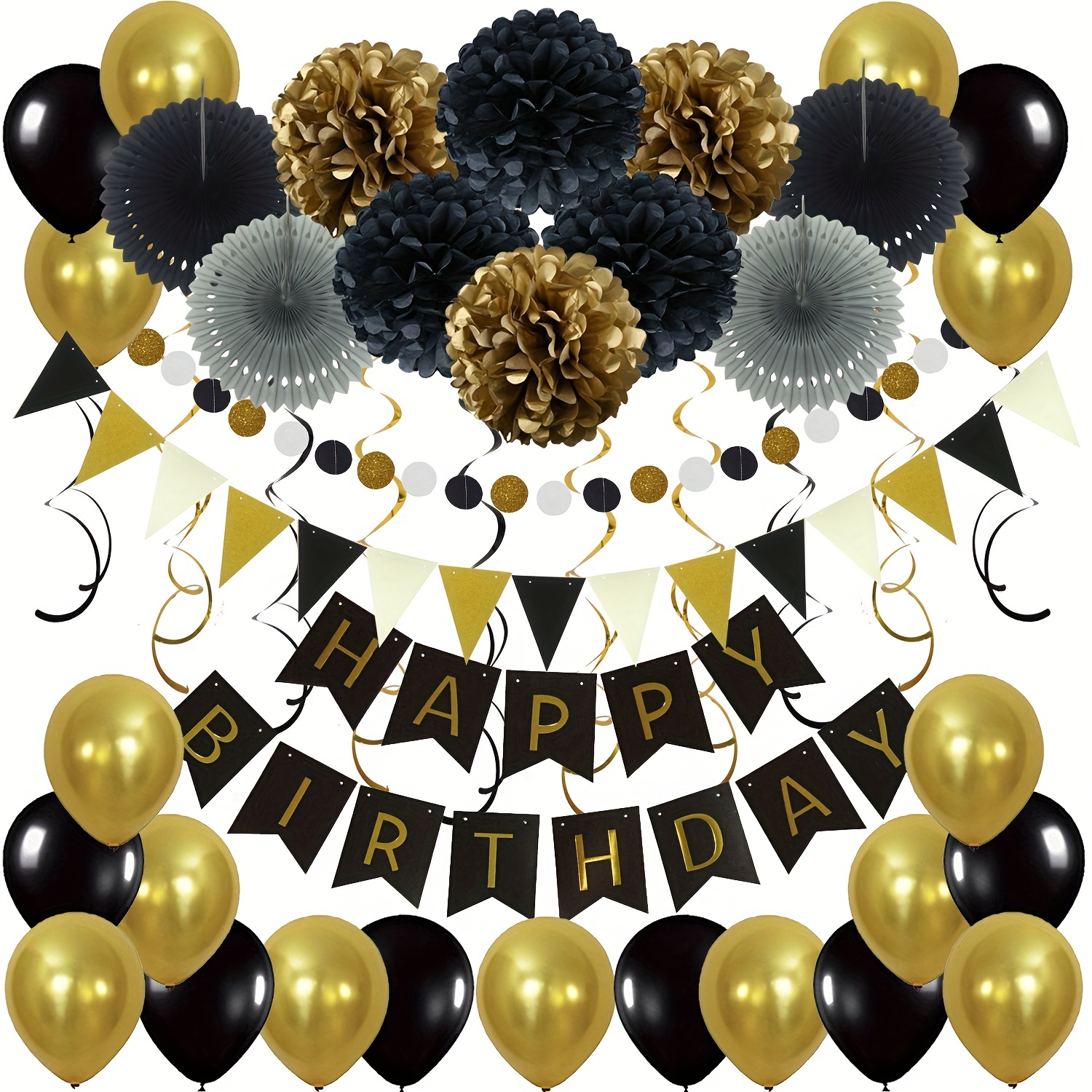 Happy Birthday Banner, Rainbow Birthday Banner, 6 Honeycomb Balls, 8  Metallic Hanging Swirls and Circle Parper Garland, Happy Birthday  Decorations