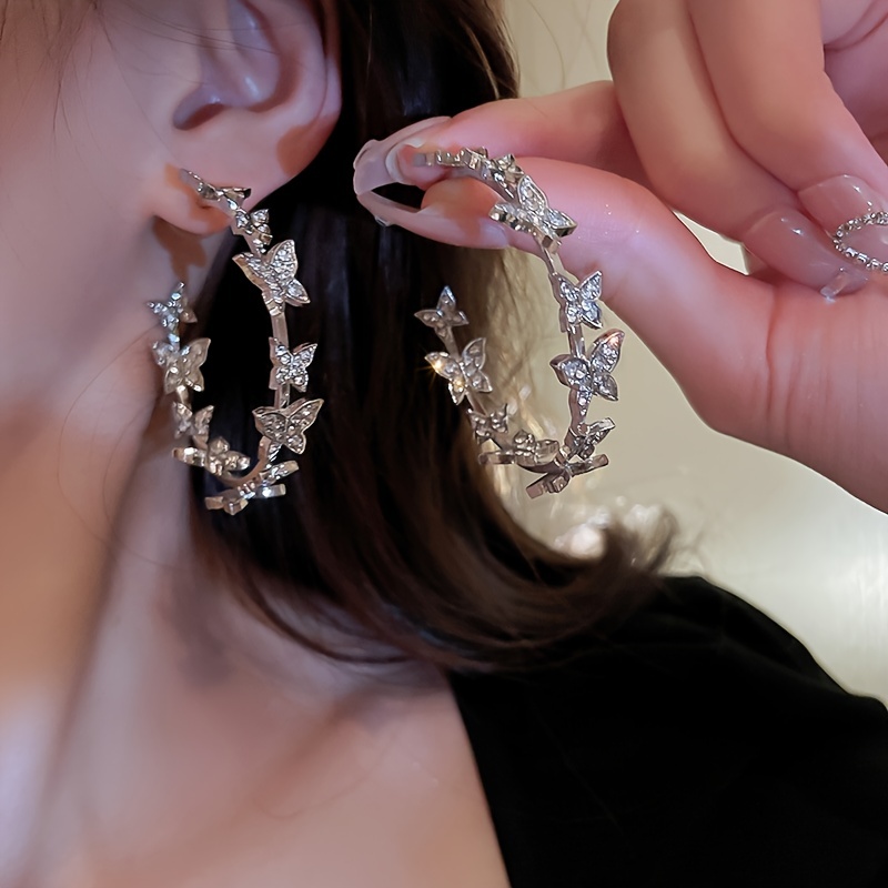 Silver Needle Butterfly Hoop Earrings for Women