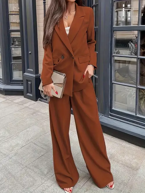 Solid Elegant Two-piece Set, Casual Long Sleeve Double-breasted Blazer & Wide  Leg Pant Outfits, Women's Clothing - Temu United Kingdom