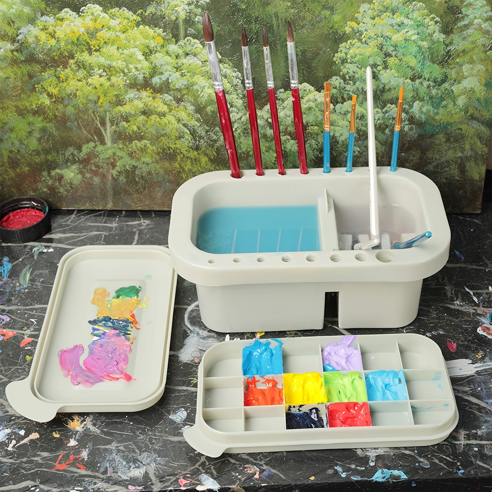 1pc Painting Brush Holder With 4 Slots, Plastic Painting Brush Rest Holder,  With Watercolor Paint Color Palette, Watercolor Acrylic Oil Paint Brush Ho