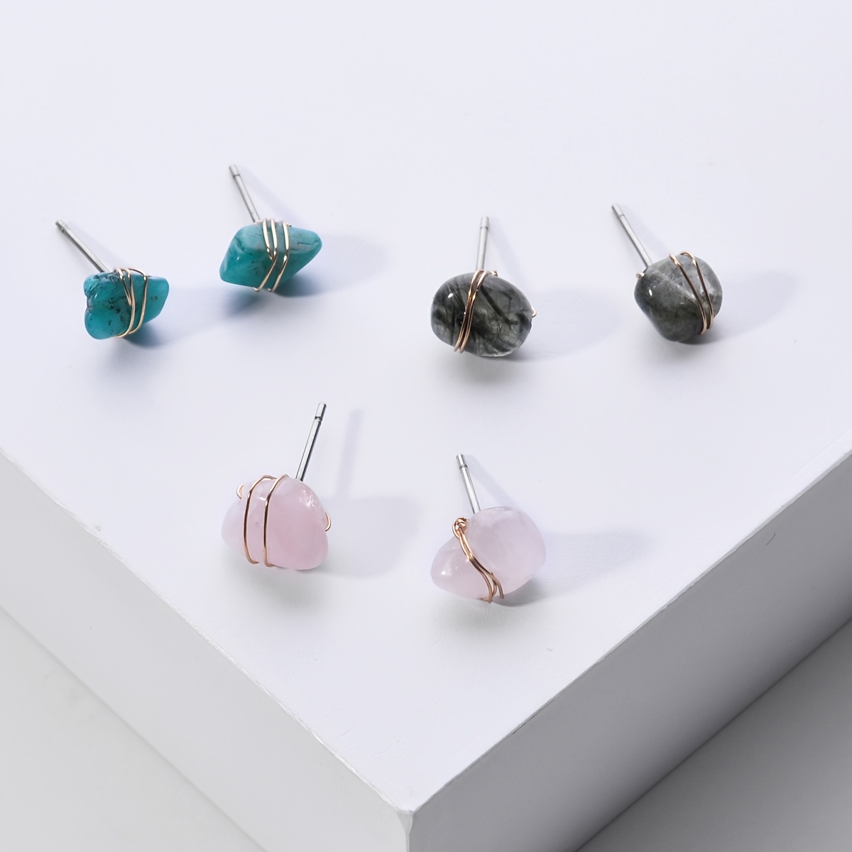 6 Pairs Raw Stone Stud Earrings Set, Random Shape
