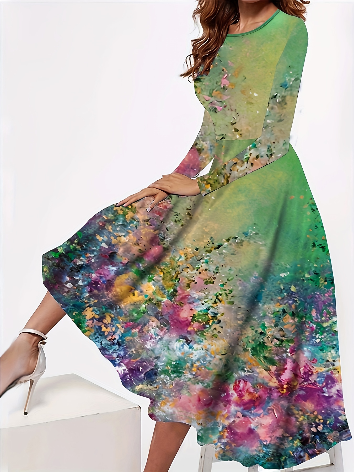 Plus Size Casual Dress Women's Plus Floral Print Long Sleeve - Temu