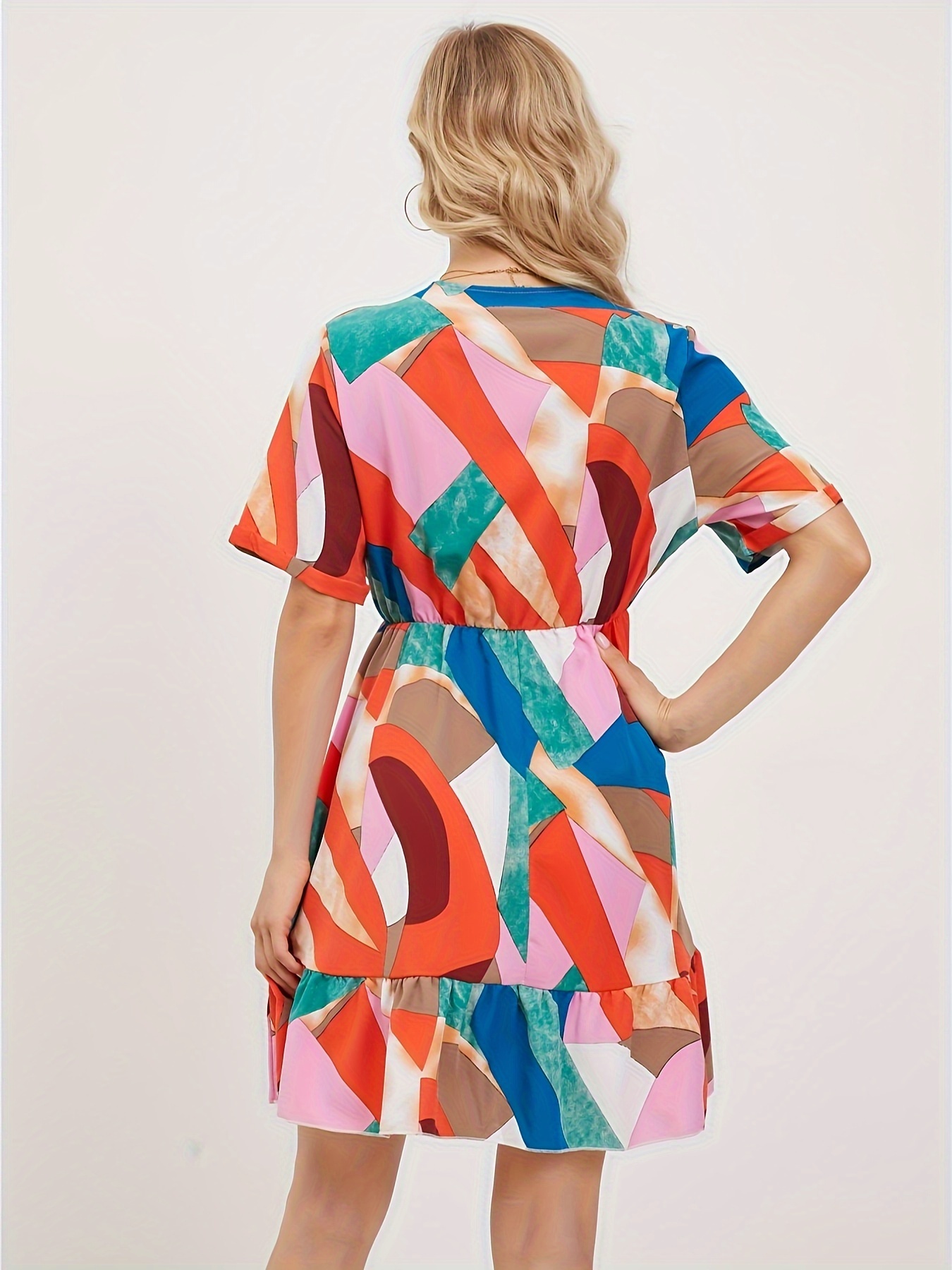 geo print v neck dress elegant short sleeve dress for summer womens clothing