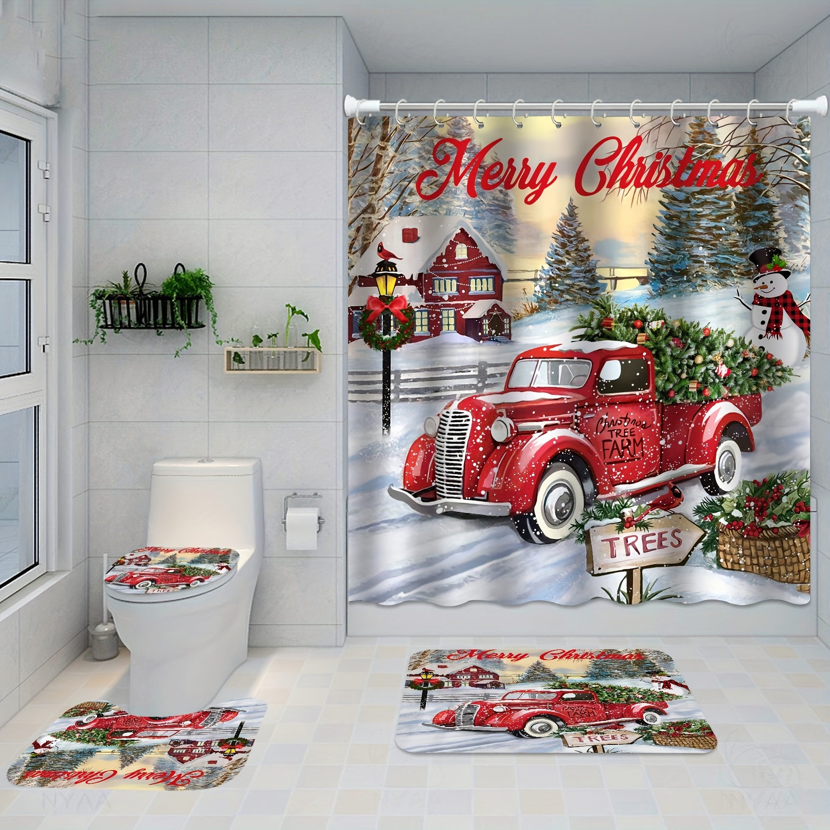 Red Truck Christmas Shower Curtain Set: Waterproof Curtains with Hooks
