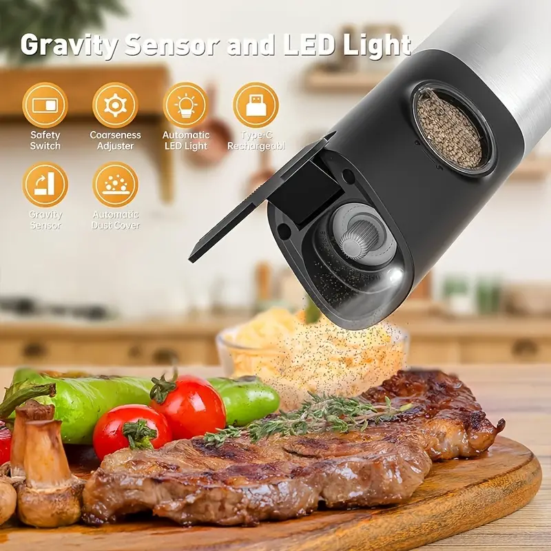 Gravity Automatic Salt and Pepper Grinder: Rechargeable USB Cable  Adjustable Coarseness Large Capacity Refillable Auto Dust Cover Safety  Switch White