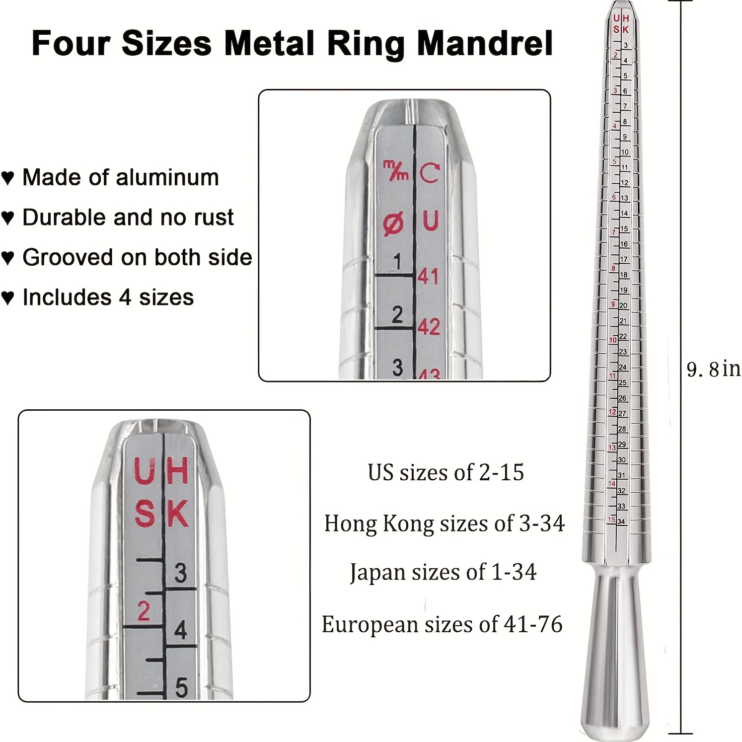 Ring Sizer Measuring Tool,4 Sizes Ring Measurement Stick Metal Mandrel &  Finger Sizing Measuring Tool Set for Jewelry Making Measuring