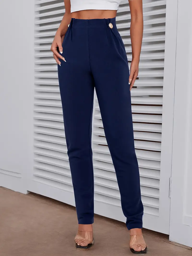 Solid Button Decor Tapered Pants Casual Pleated High Waist - Temu