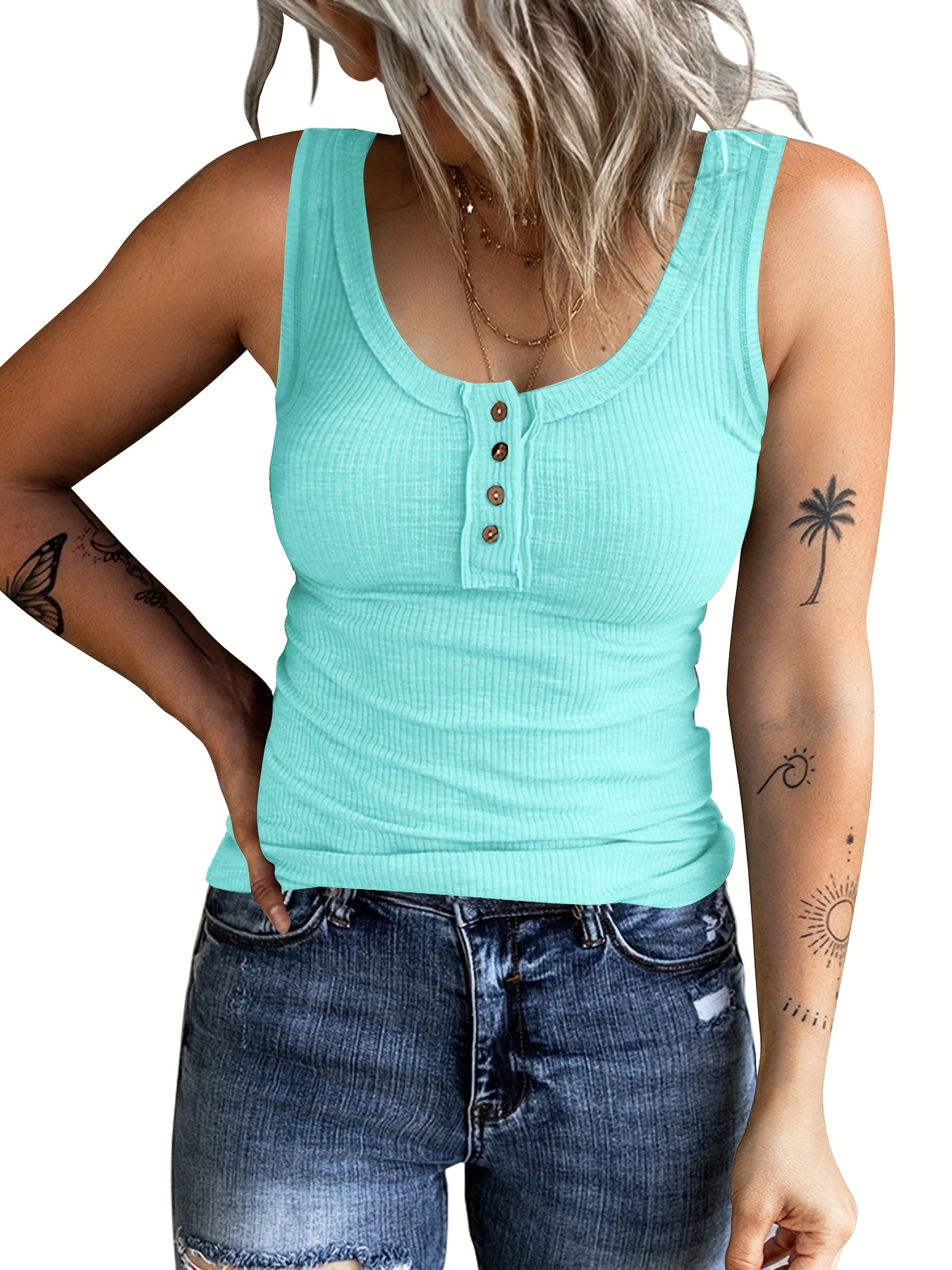 Ribbed Button-front Tank Top