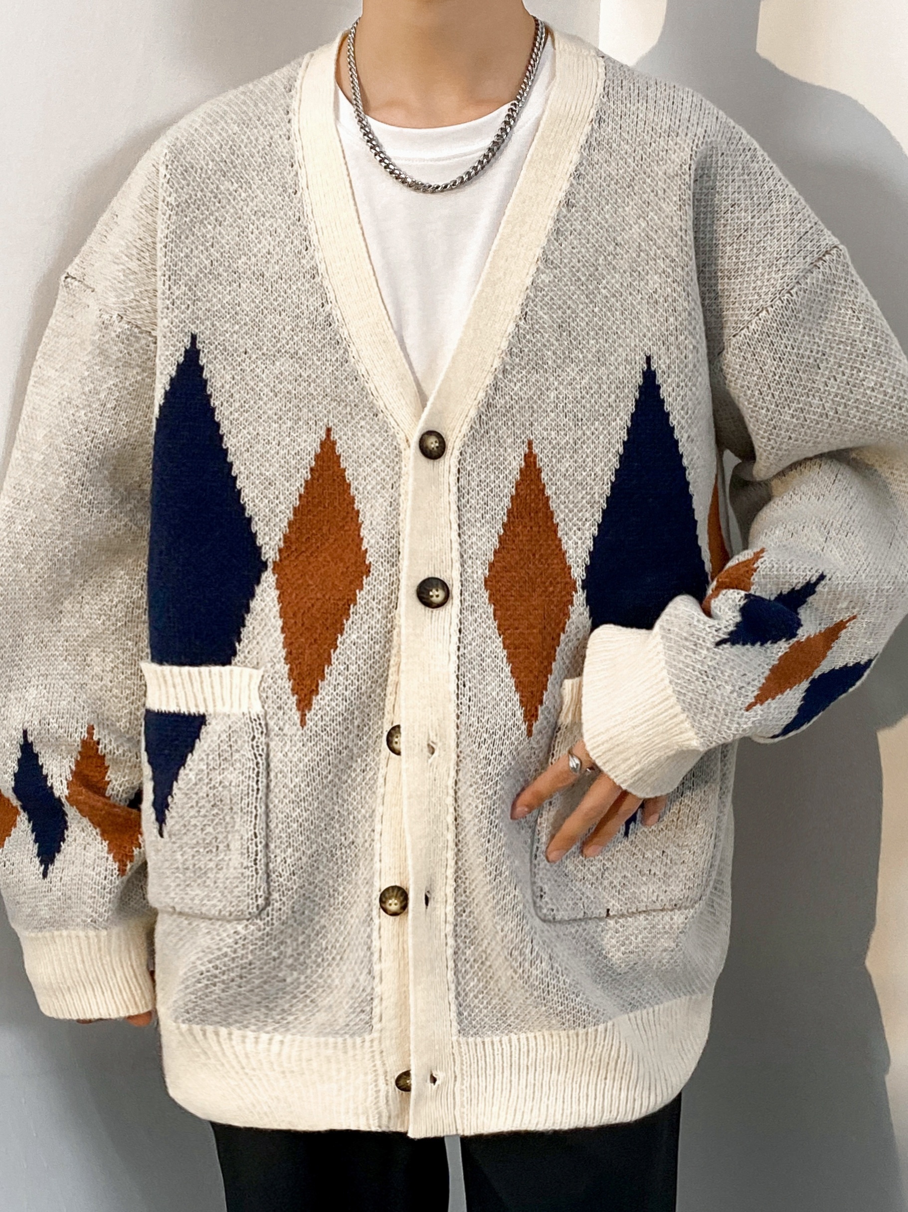 Men's Stylish Argyle Pattern Loose Knitted Cardigan Casual - Temu