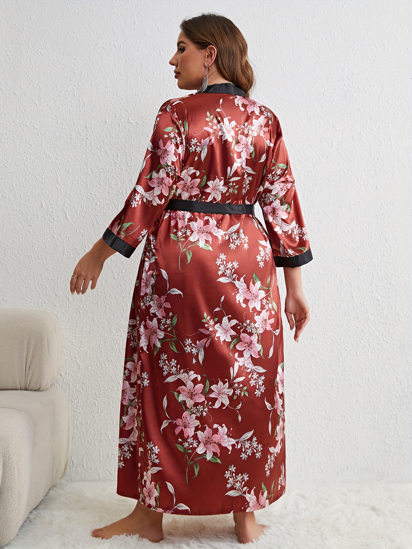 Plus Size Elegant Bathrobe Set, Women's Plus Floral Print Contrast Trim  Satin Open Front Belted Kimono Robe V Neck Cami Dress Nightwear Two Piece  Se, Plus Size Silk Robe Kimono