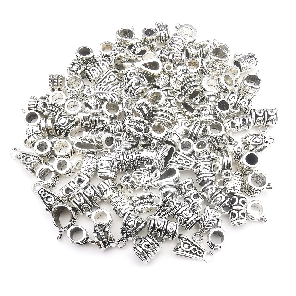 

120pcs Mixed Antique Silvery Carved Patterns Tube Spacer Bail Bead Hanger Fit Charms For Bracelet Necklace Diy Crafting Jewelry Accessory Making Supplies