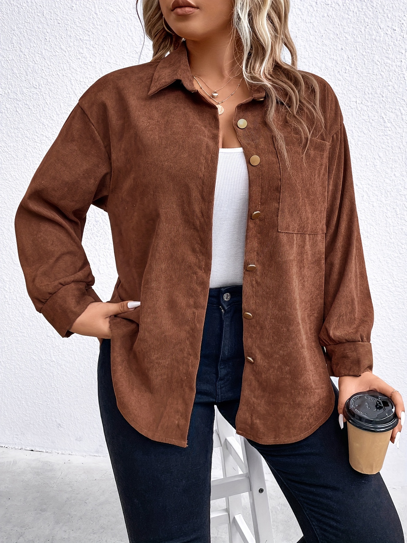 Plus Size Casual Blouse with Solid Corduroy Long Sleeve