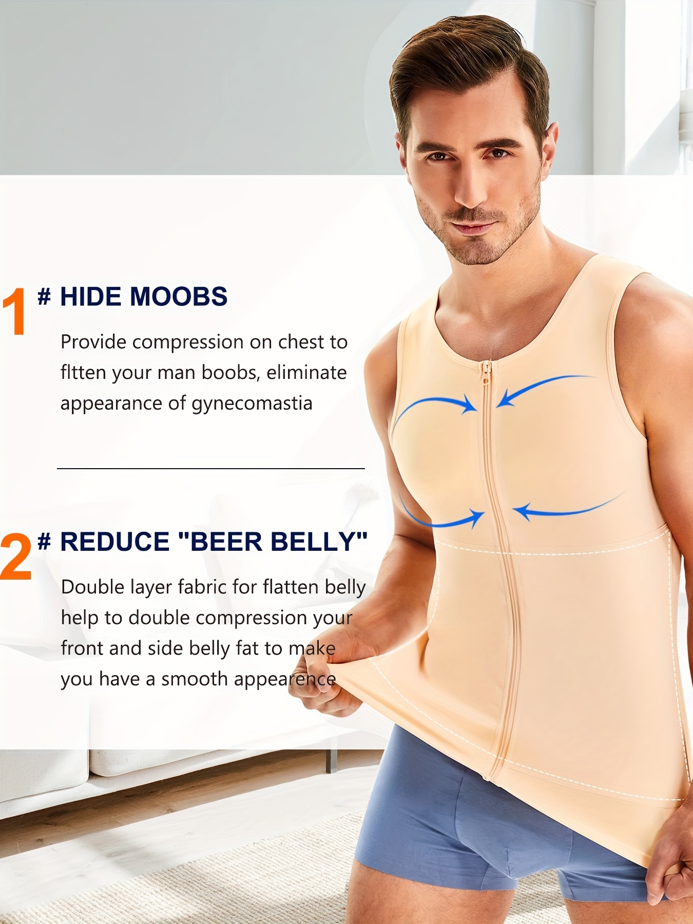 Men Slim Body Shaper Chest Compression Shirt to Hide Gynecomastia Moobs  Zipper