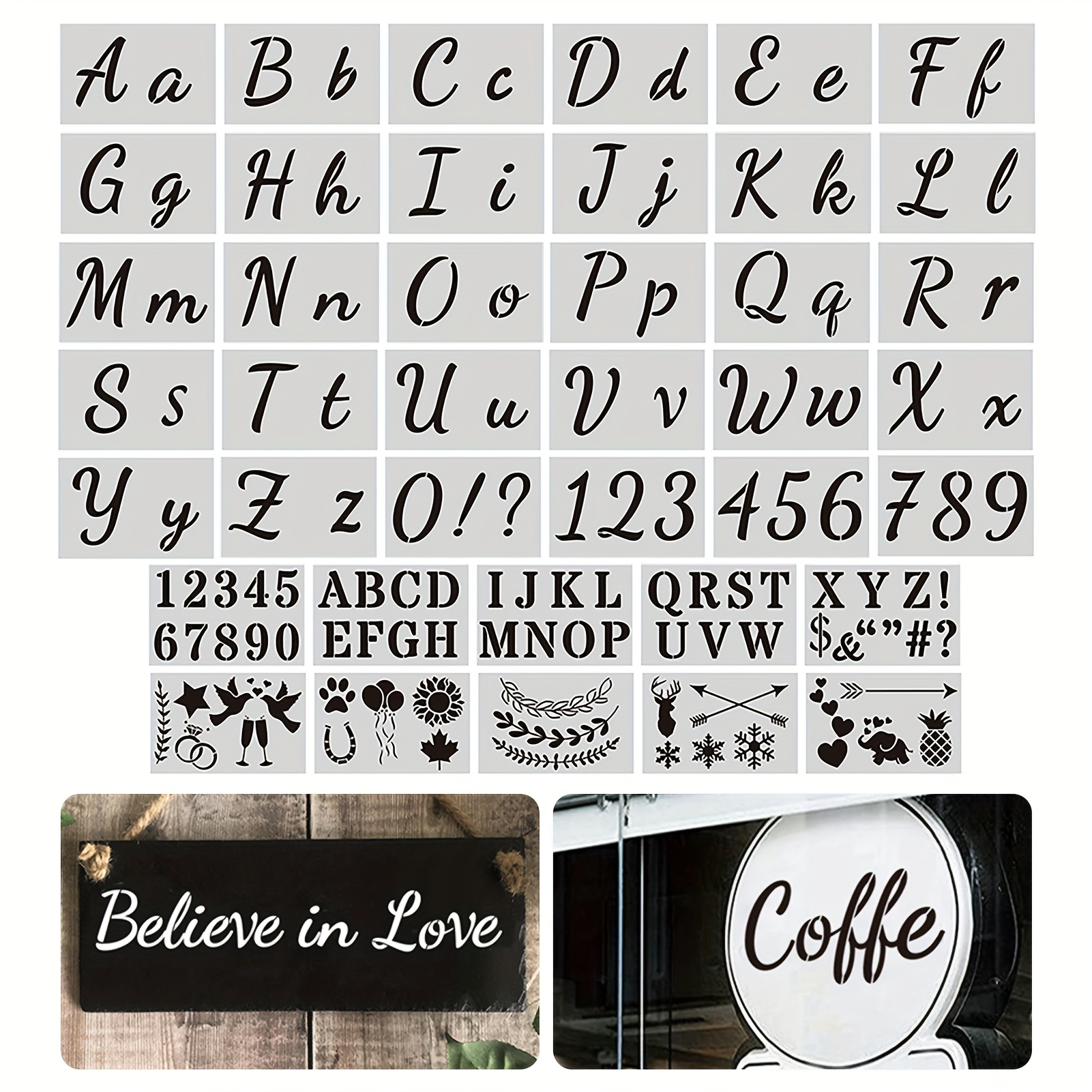 Buy Letter Stencils for Painting on Wood - Alphabet Stencils with  Calligraphy Font Upper and Lowercase Letters - Reusable Plastic Art Craft  Stencils with Numbers and Signs - Set of 36 PCs