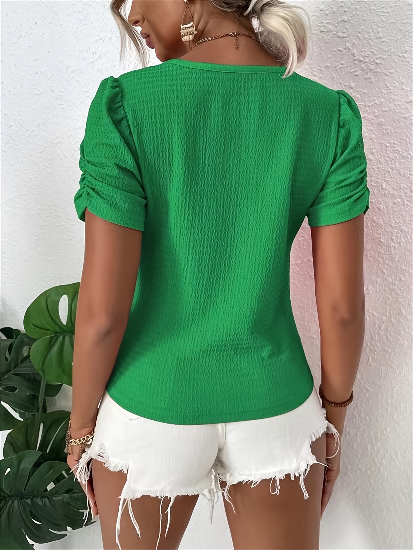 solid crew neck blouse casual short sleeve blouse for spring summer womens clothing green 1