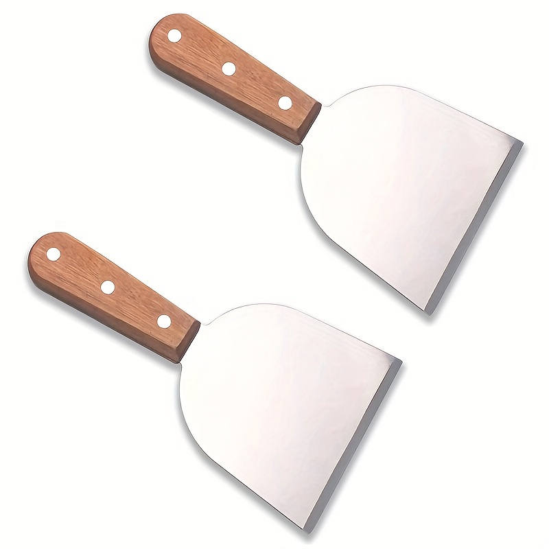 

2pcs Grill Scraper For Griddle- Stainless Steel Slant Grill Spatula Scraper Diner Flat Straight Blade With Riveted Wooden Handle For Teppanyaki, Bbq, Dough Pancake And Pizza