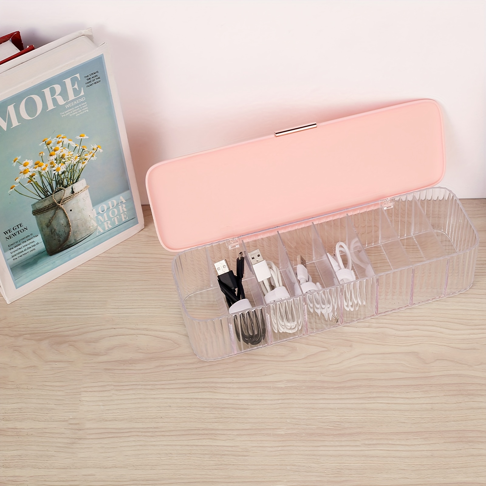 See-Through Charge Cable Organizer Box,Data Cable Management Box USB Cord  Sorter, Compact Cosmetics Organizer Box