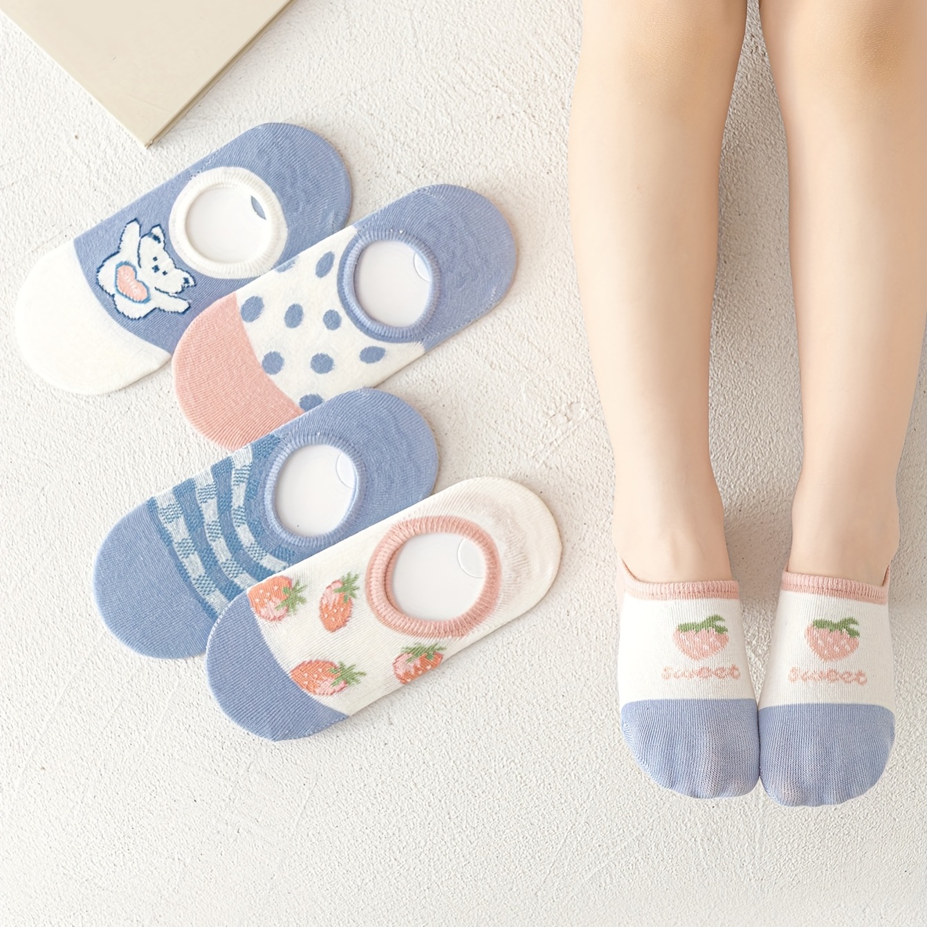 5pairs Bear Strawberry Kids Non-slip Silicone Ankle Socks
